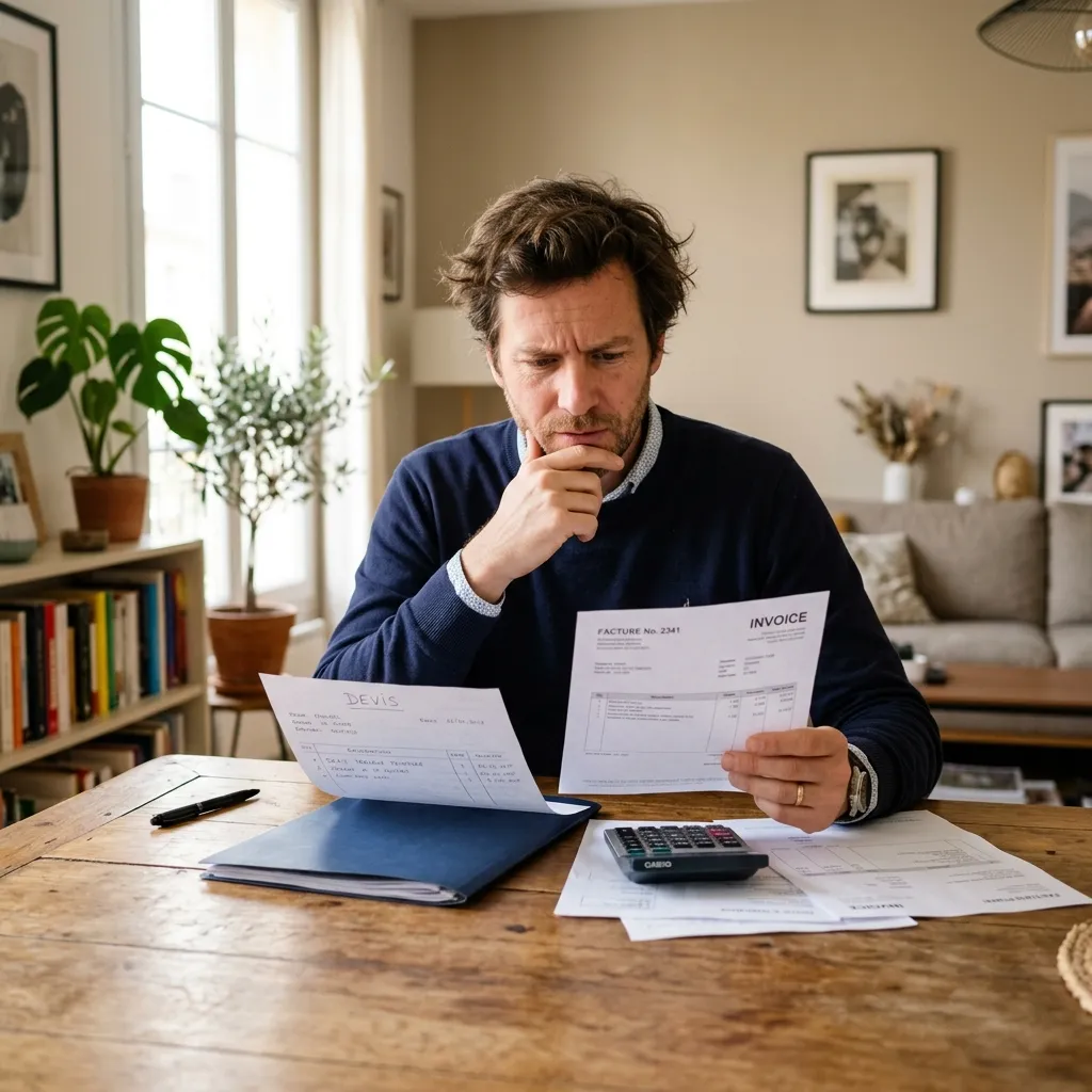 Un propriétaire bailleur dans son salon qui compare attentivement un devis de travaux et une facture de réparations pour justifier ses retenues sur caution