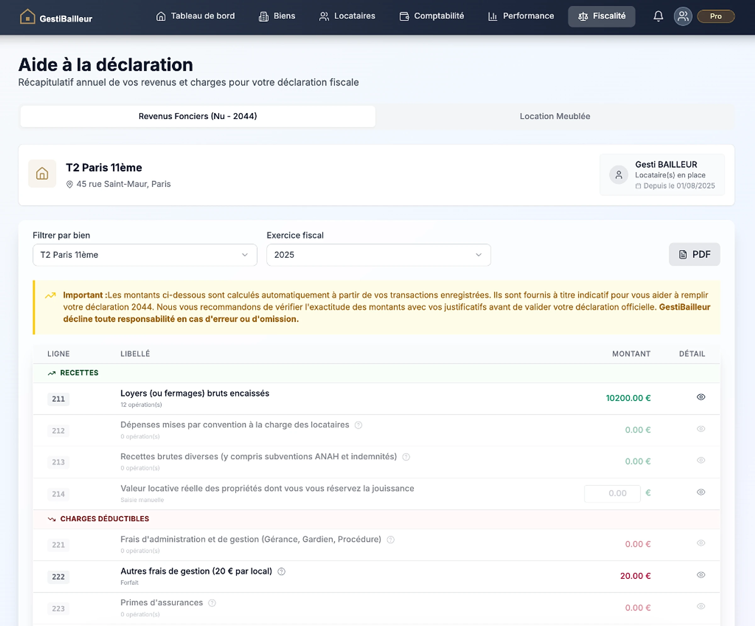 Aperçu de l'assistant d'aide à la déclaration fiscale 2044 de l'application GestiBailleur