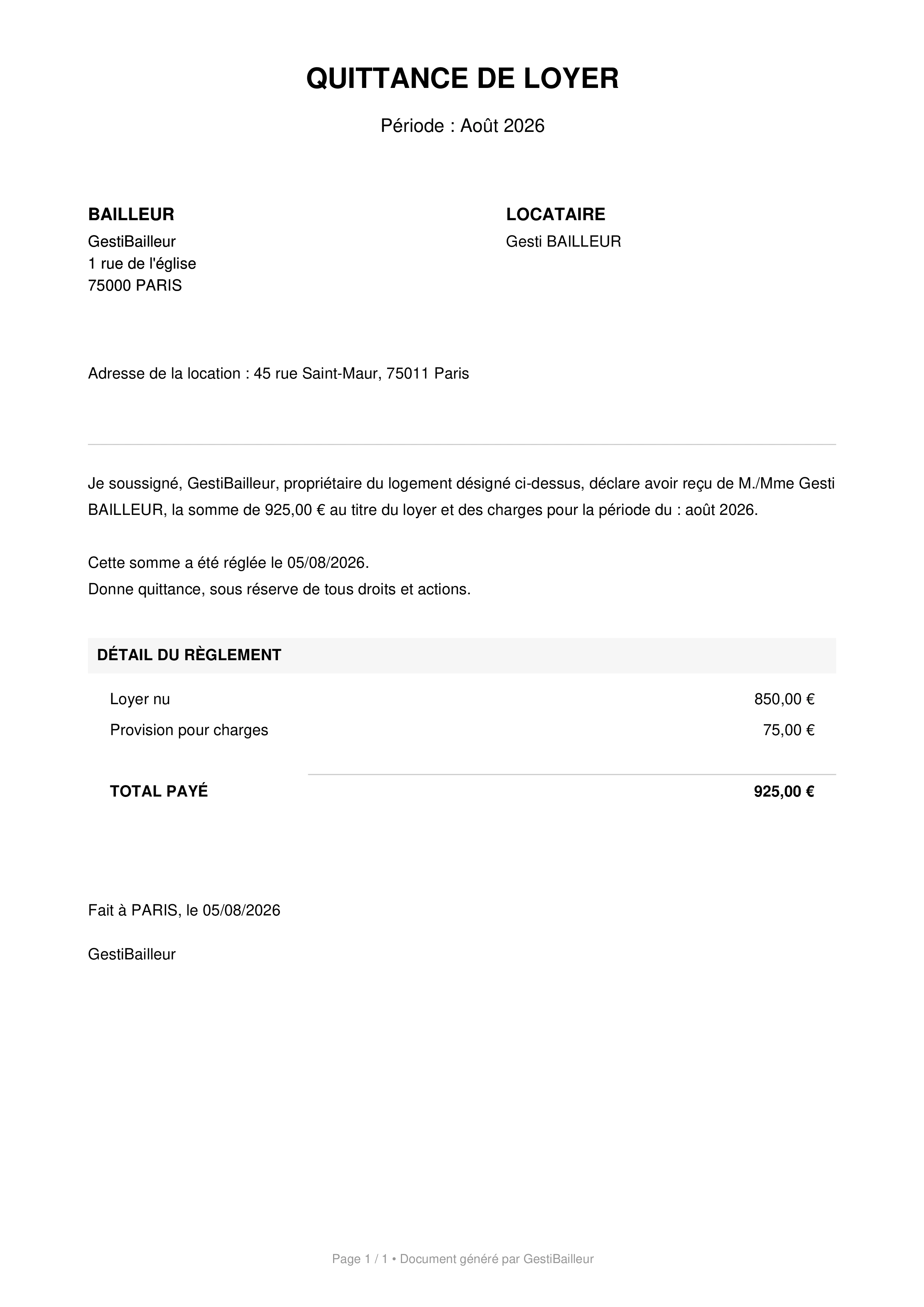 Aperçu de la Quittance de Loyer PDF issue de l'application GestiBailleur