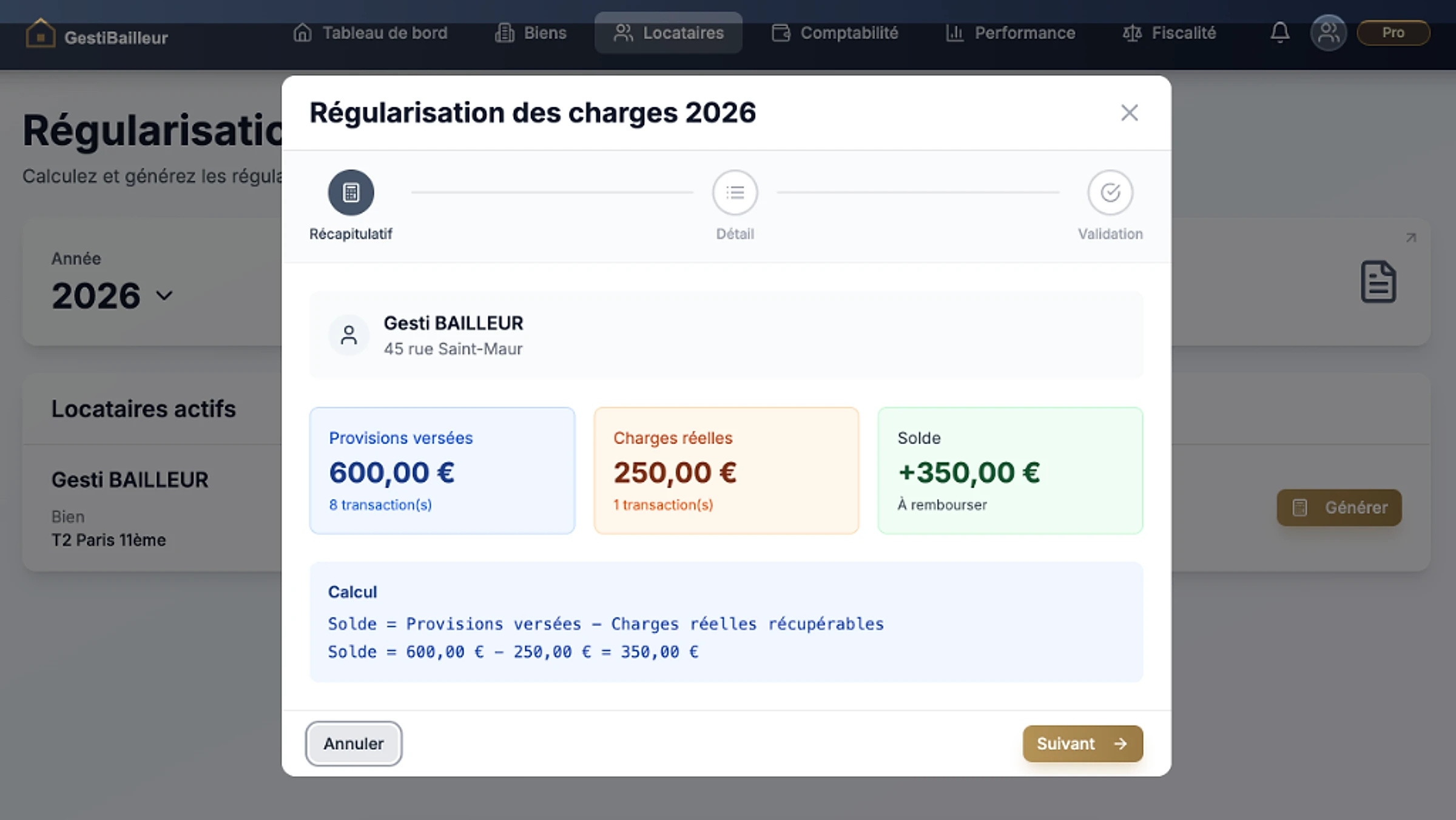 Aperçu de l'outil de régularisation des charges locatives de l'application GestiBailleur