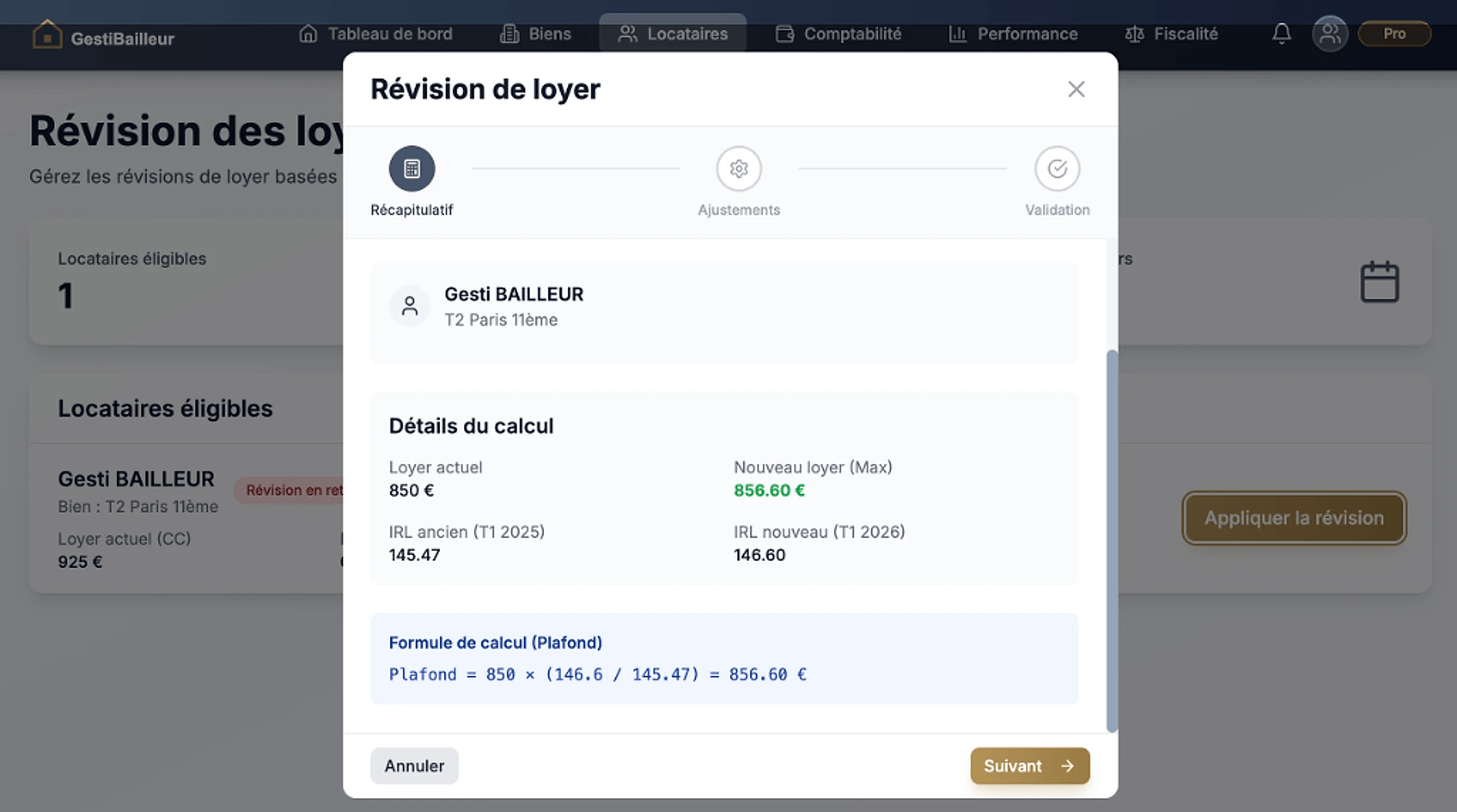 Aperçu de l'outil de calcul et révision de loyer IRL de l'application GestiBailleur